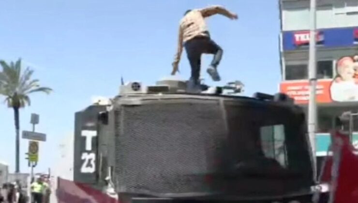 İzmir’de TOMA’nın üzerine çıkıp tekmeleyen hareketçi tutuklandı